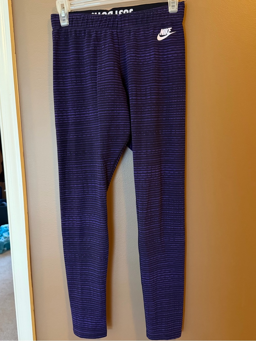 Nike Dark Purple Striped Leggings with White Swoosh